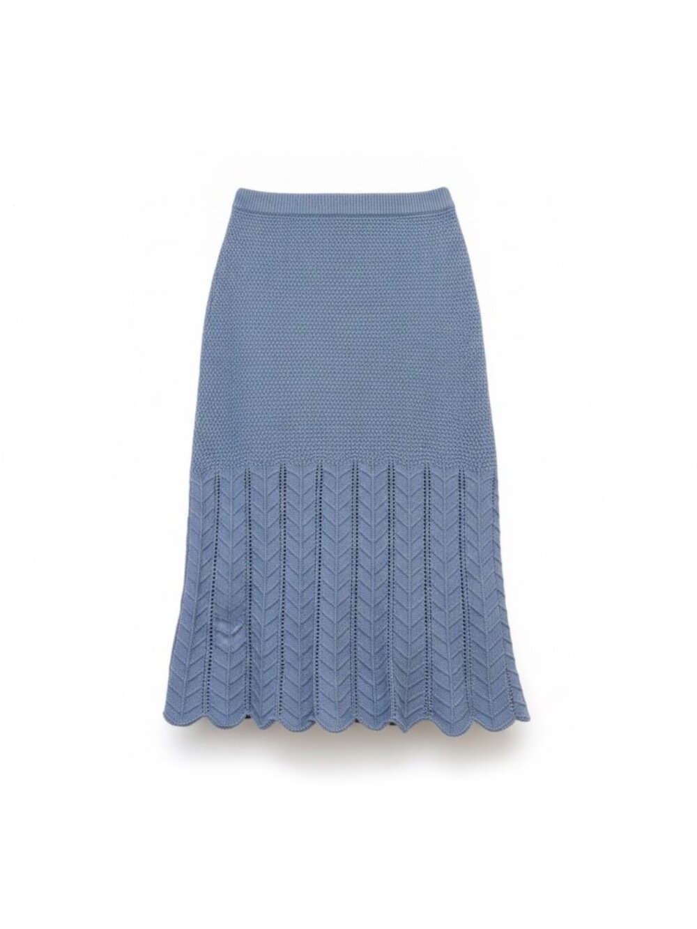 French Connection Womens Blue Midi Skirt Chevron Scalloped Edge Size M